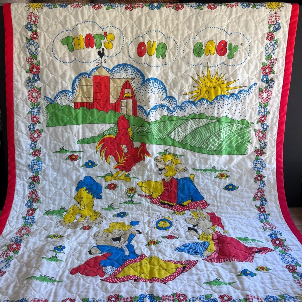Vintage 70s Handmade Throw Quilt Blanket Farm Animals Cottagecore Country Decor